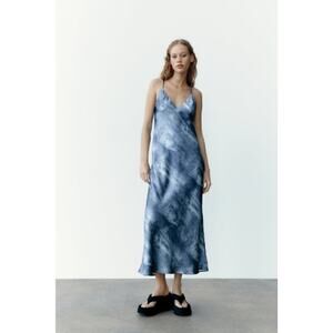ZARA Satin Effect Denim Print Blue Spaghetti Strap Slip Dress Midi / Maxi Small